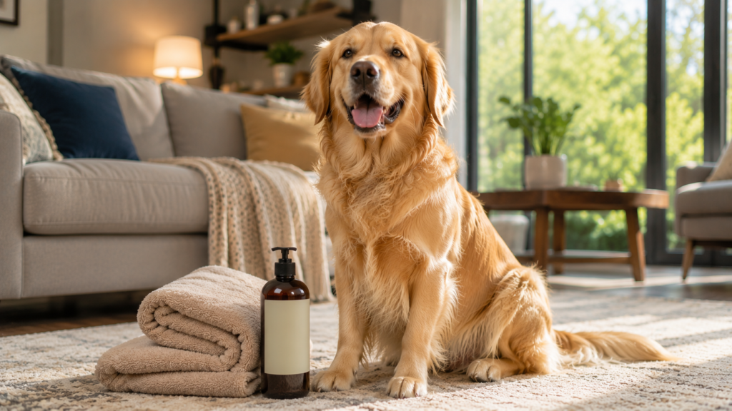 Golden Retriever with dog shampoo and towel for itchy skin care