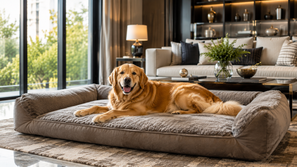 Golden Retriever resting on an orthopedic dog bed for large dogs