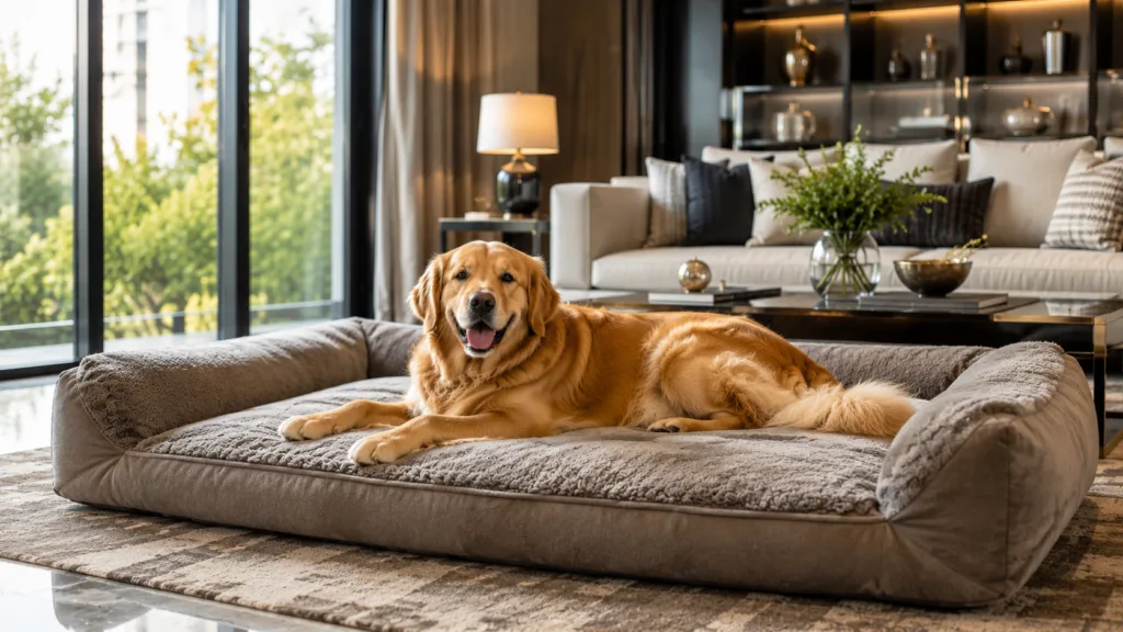 Golden Retriever resting on an orthopedic dog bed for large dogs