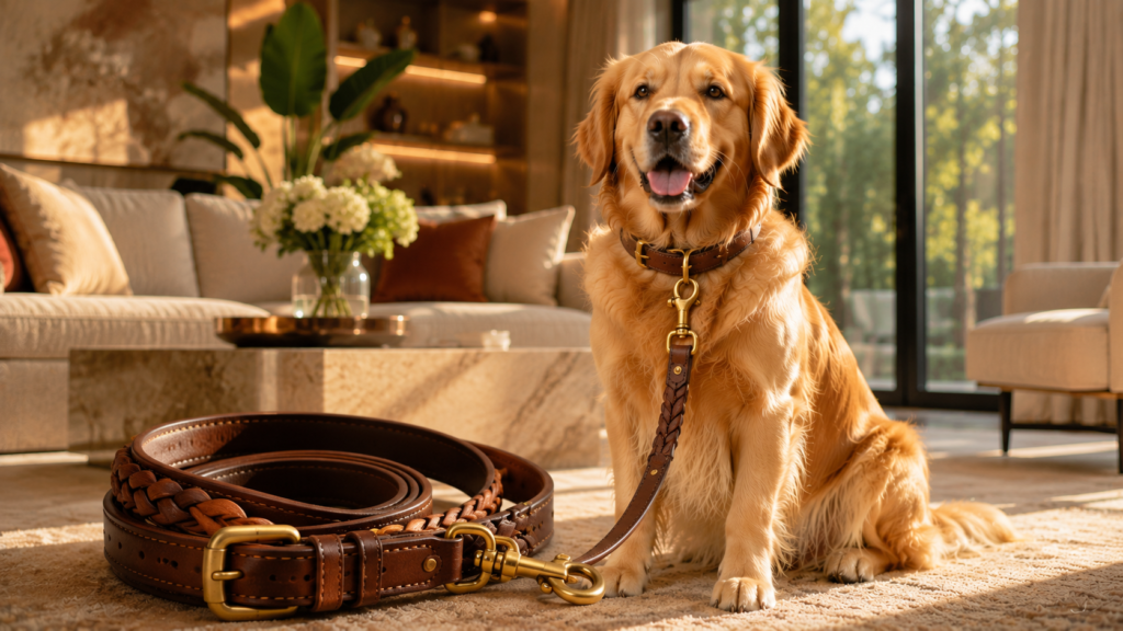 Golden Retriever with a dog seat belt for safe car travel