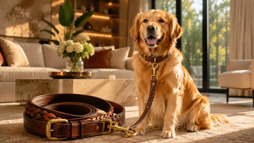 Golden Retriever with a dog seat belt for safe car travel