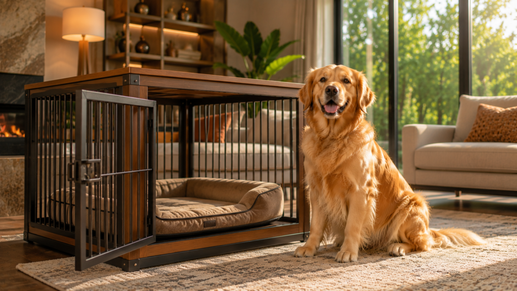 Golden Retriever beside the FXW Rollick Unleashed dog playpen