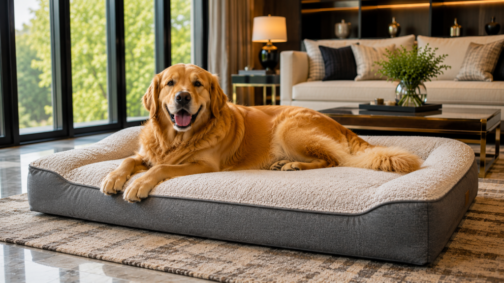 Golden Retriever resting on an orthopedic dog bed for large dogs