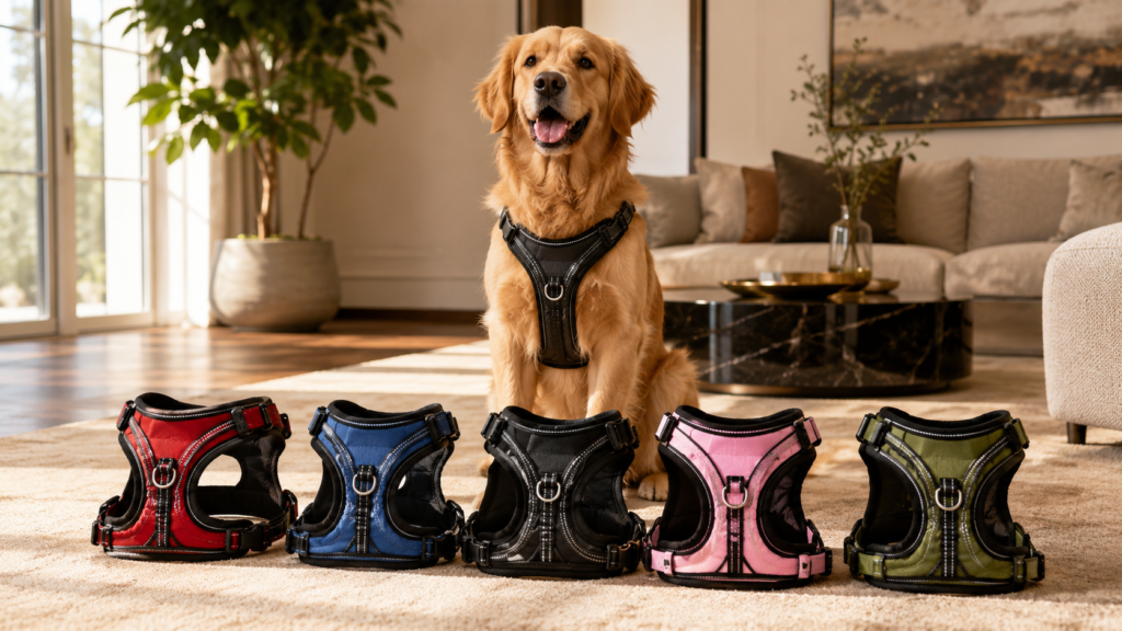 Golden Retriever wearing a durable no-pull dog harness with dog harnesses displayed in the foreground