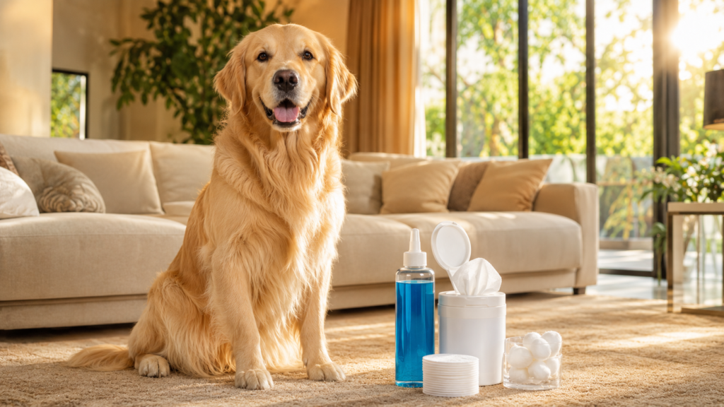 Golden Retriever with dog ear cleaner and ear care supplies