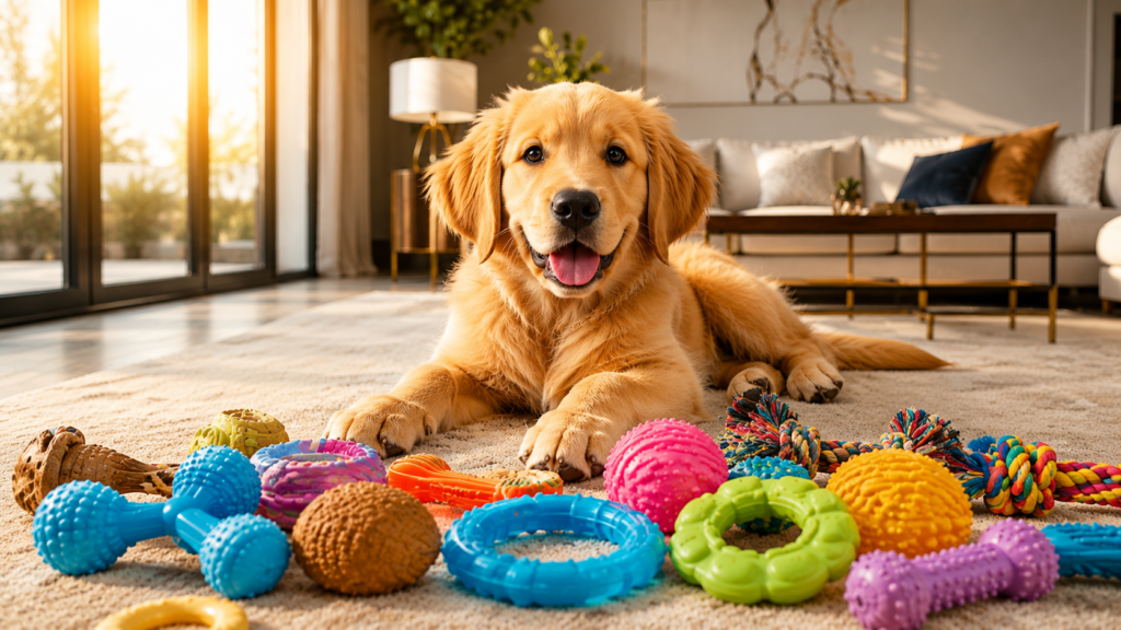 Golden Retriever puppy with colorful teething chew toys
