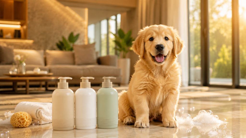 Golden Retriever puppy beside gentle shampoo bottles for sensitive skin