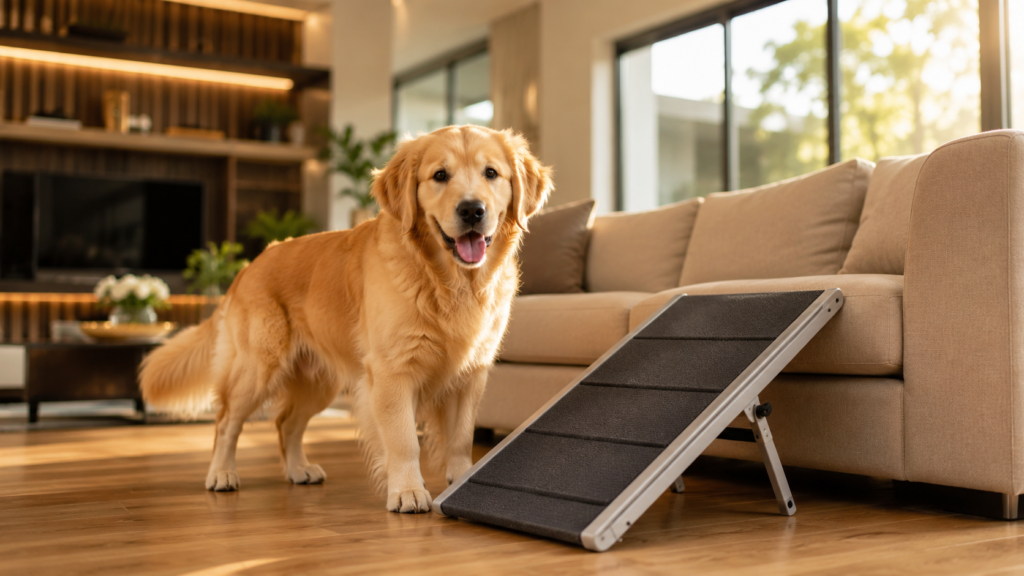 Golden Retriever beside a portable dog ramp for safe home access