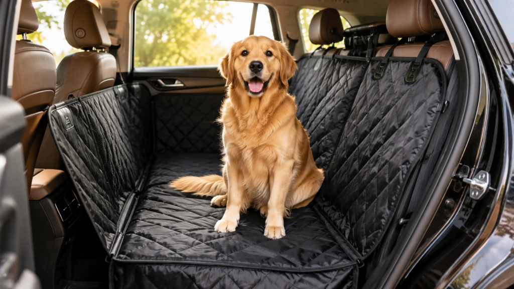 Golden Retriever sitting on a waterproof dog car seat cover
