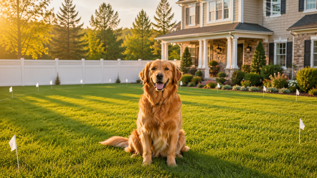 Golden Retriever in a secure backyard with a dog fence system