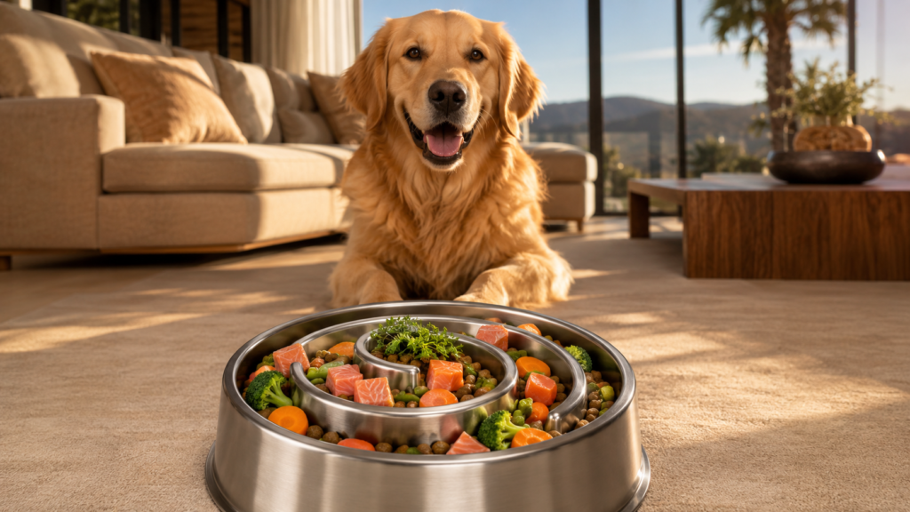 Golden Retriever eating from a stainless steel slow feeder dog bowl