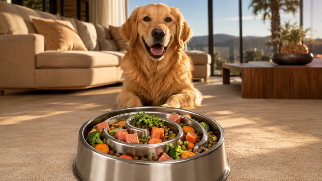 Golden Retriever eating from a stainless steel slow feeder dog bowl