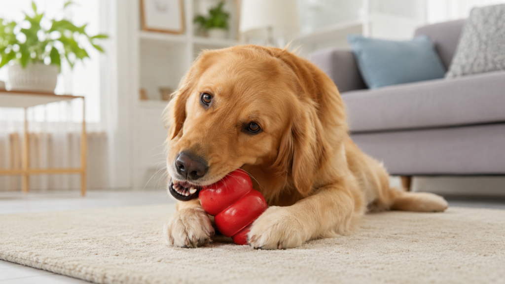 Golden Retriever chewing a durable dog toy for aggressive chewers