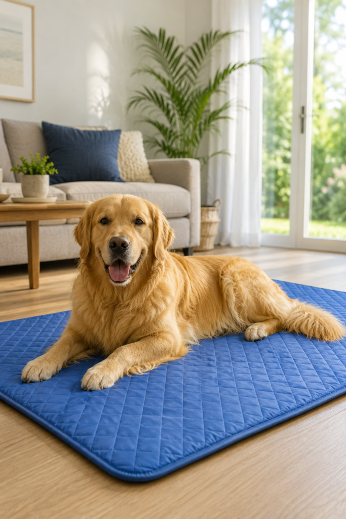 Golden Retriever resting on a blue cooling mat in a bright home