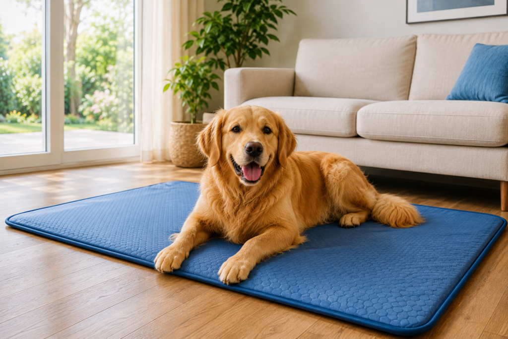 Golden Retriever relaxing on a blue cooling mat