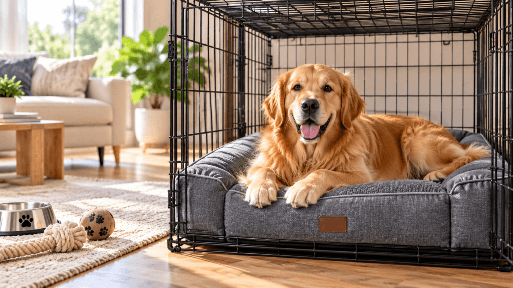 Best Indestructible Dog Beds for Crates Golden retriever resting on a durable dog bed inside a crate