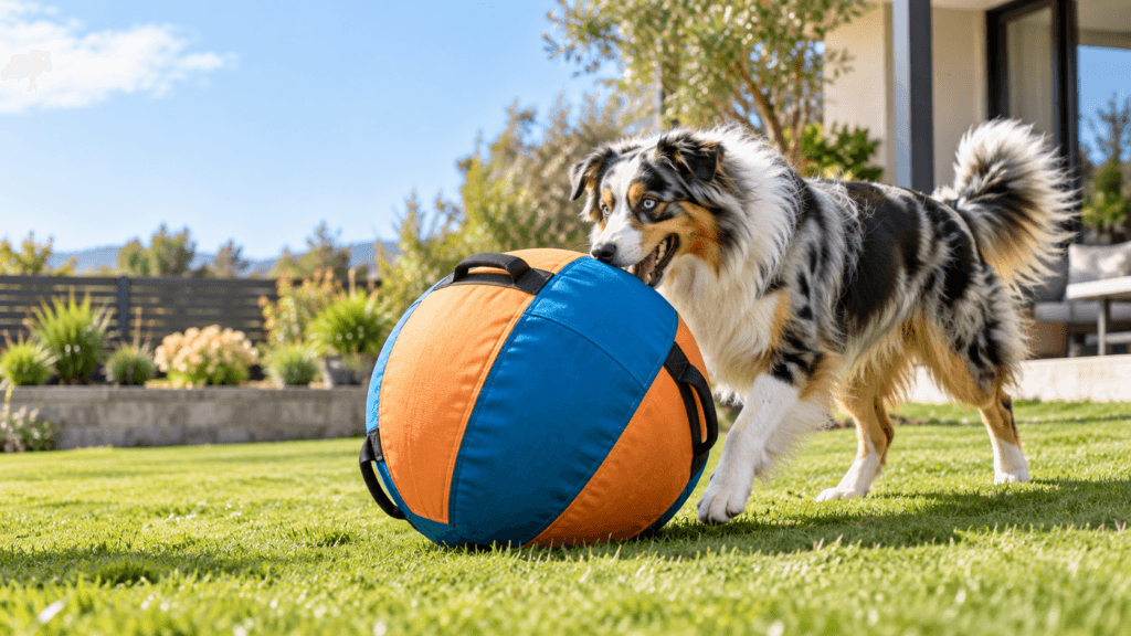 Best Herding Balls for Australian Shepherds Australian Shepherd playing with a herding ball