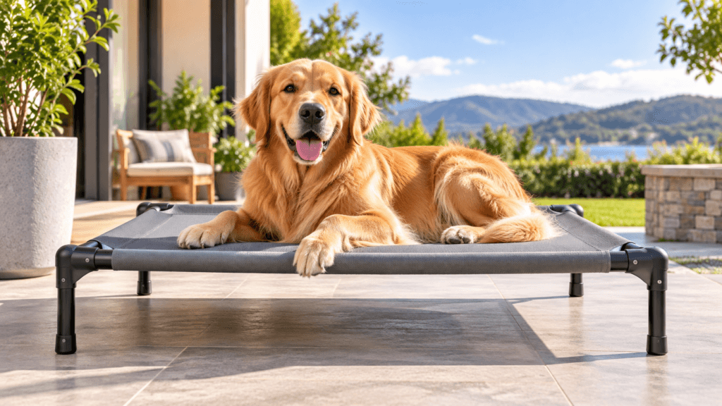 Golden Retriever resting on a raised elevated dog bed outdoors