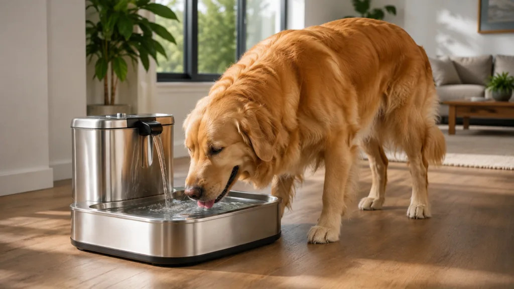 Large golden retriever drinking from a stainless steel dog water fountain