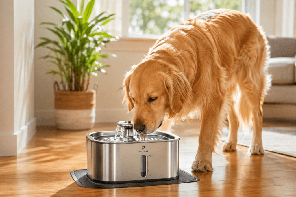 Golden Retriever drinking water from a stainless steel dog water fountain in a bright living room