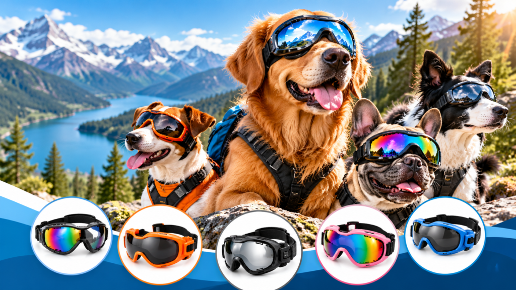 Best Dog Goggles for Hiking in 2026 Dogs wearing protective goggles on a mountain hiking adventure
