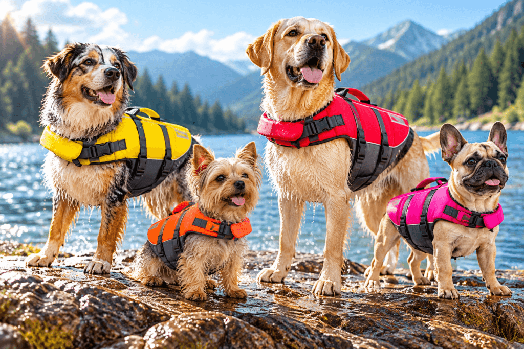 Outward Hound Granby Splash Dog Life Jacket: Sizes and Colors for 2026 Dogs wearing colorful life jackets near a swimming pool