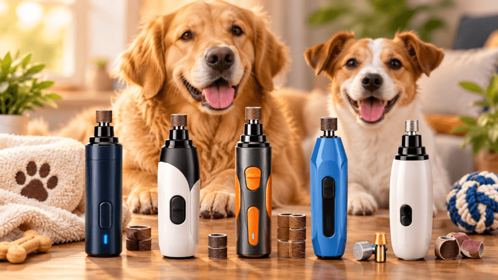 Best Dog Nail Grinders for Safe At-Home Grooming in 2026 Golden retriever relaxing beside a cordless dog nail grinder and grooming accessories