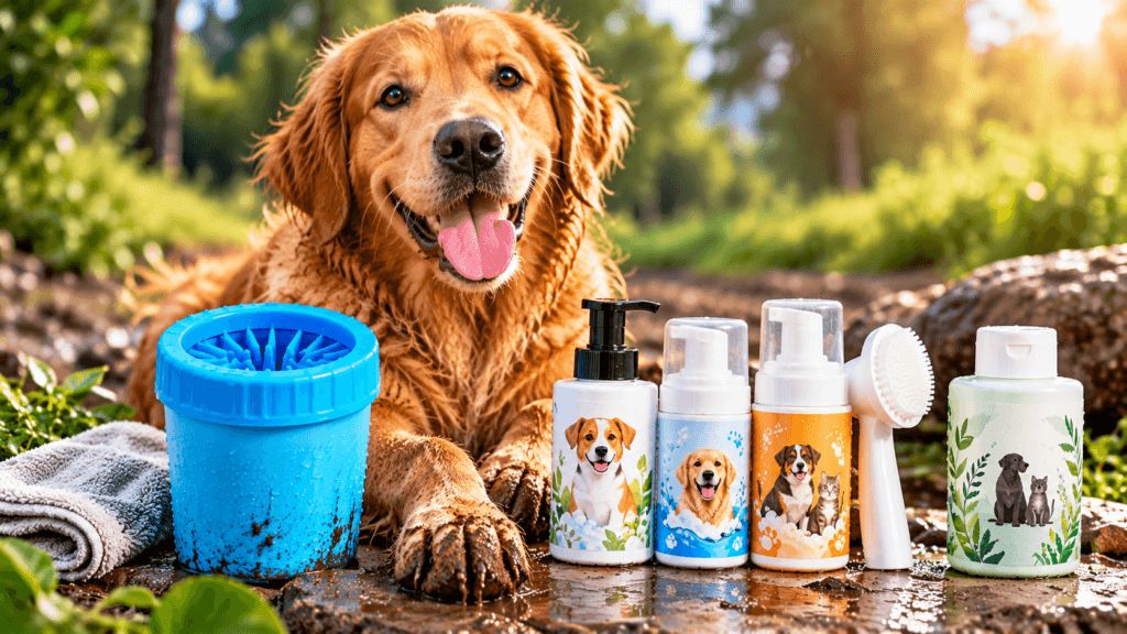 Golden retriever with muddy paws beside dog paw cleaning products