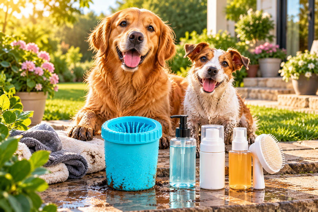 golden retriever paw care garden scene