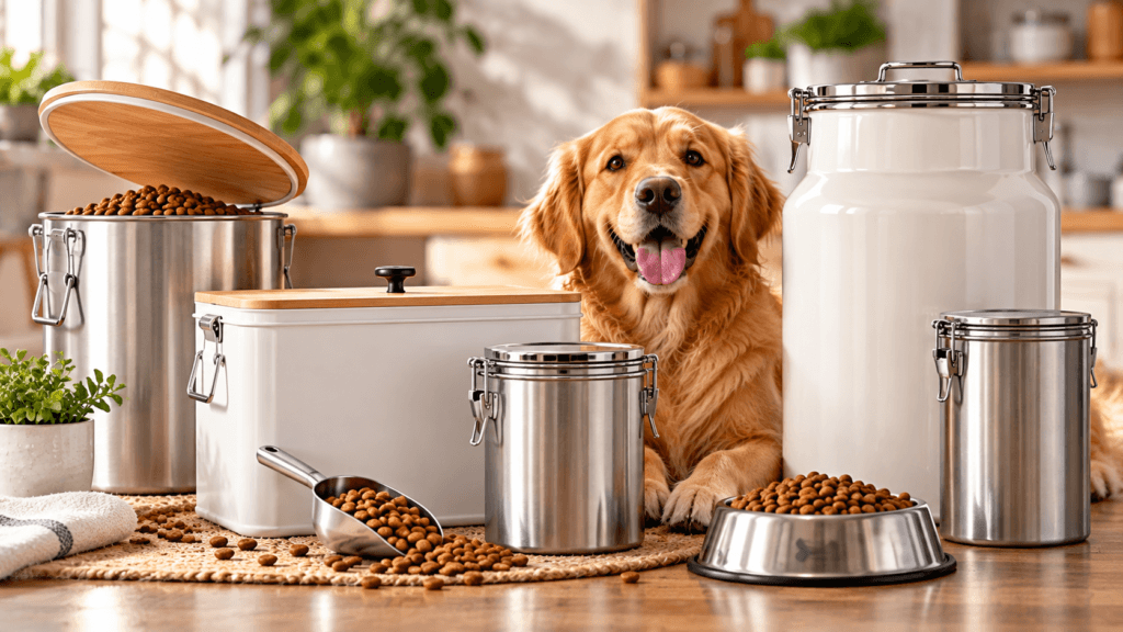 Best Metal Dog Food Storage Containers in 2026 Golden retriever beside metal dog food storage containers in a kitchen