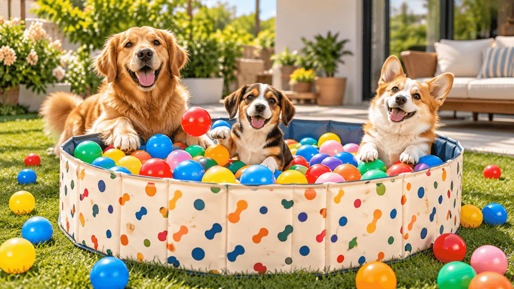 playful dogs in a colourful ball pit