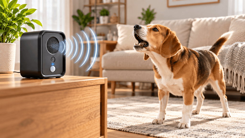 Ultrasonic dog bark deterrent device used indoors near a barking dog